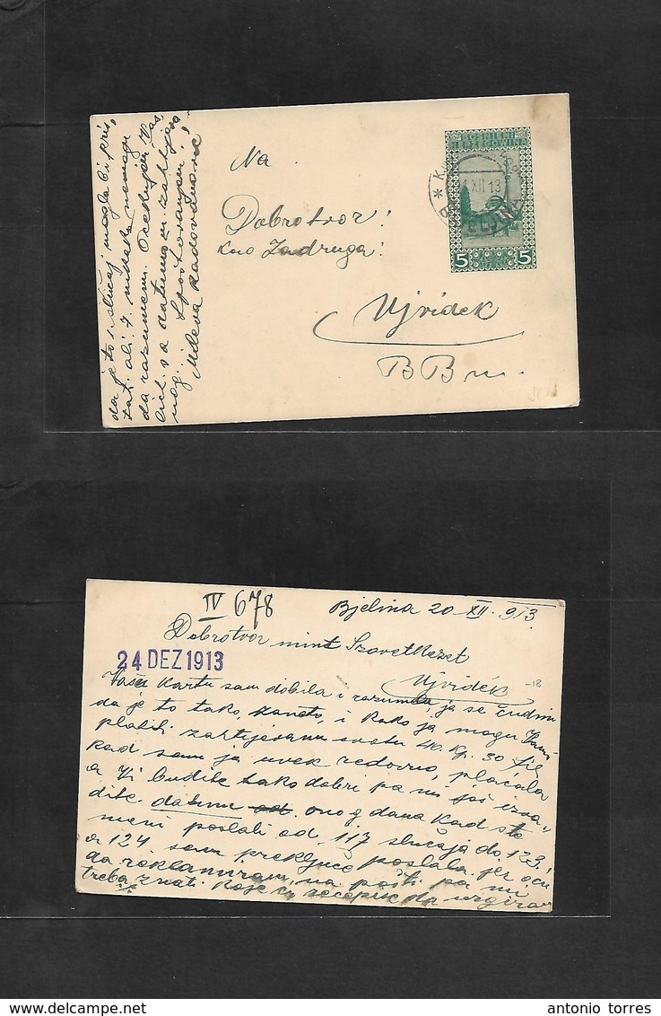 Bosnia. 1913 (20 Dec) Bjelnia - Ujvidek. 5b Green Stat Card. Fine Used. - Bosnië En Herzegovina