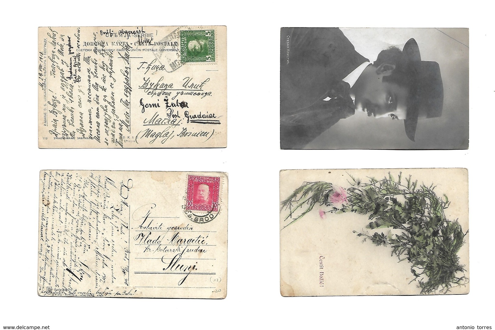 Bosnia. 1913 - 16. Mostar, Brod - Maglaj, Slunj. Pair Of Fkd Cards With Diff Stamps And Cds. - Bosnia Herzegovina
