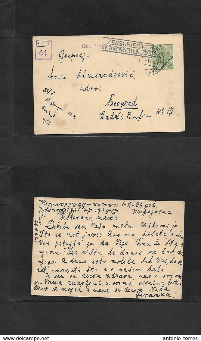 Bosnia. 1916 (1 June) Kragvjevac - Serbia, Belgrade 5b Green Ovptd Military Card. Arrival Censor Cachet. Arahal Compagni - Bosnia Herzegovina