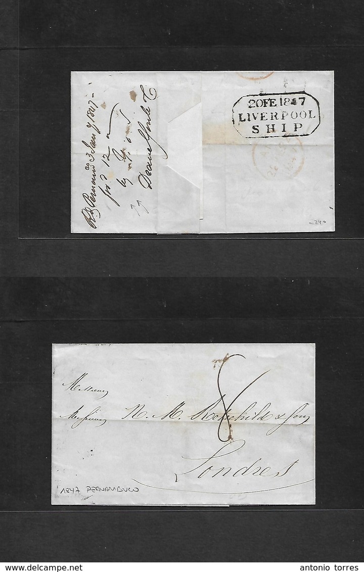 Brazil - Stampless. 1846 (Dic 14) RJ - London, UK (22 Feb) Via Pernambuco - Liverpool Ship (20 Feb) Stampless E. Revers  - Autres & Non Classés