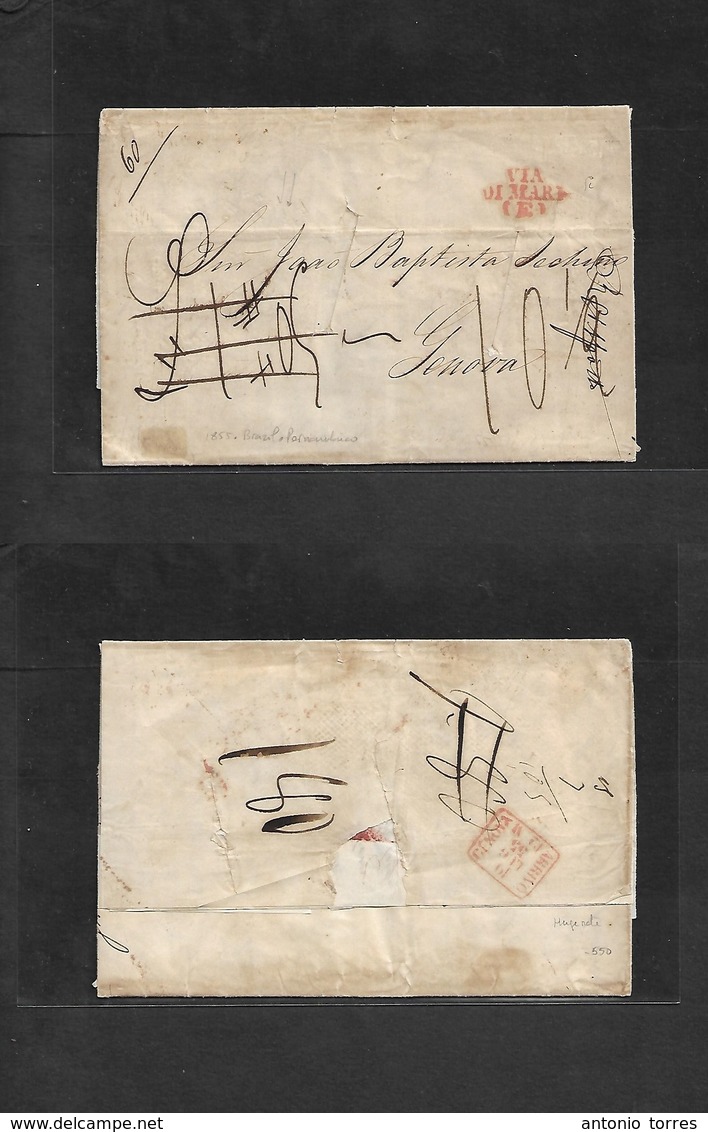 Brazil - Stampless. 1855 (20 Apr) Pernambuco - Italy, Genova (19 June) Direct Italian Ship. Disinfection Slits. EL Full  - Other & Unclassified