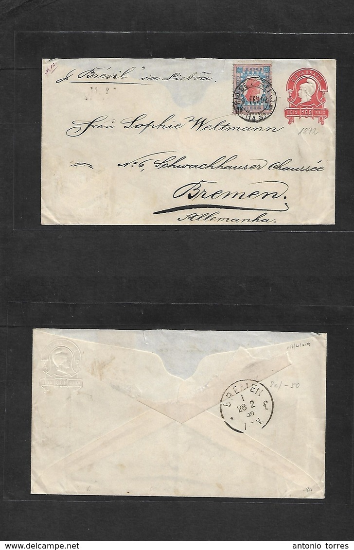 Brazil -Stationary. 1892 (9 Feb) RJ - Germany, Bremen (28 Feb) Via Lisboa. 100rs, Red Embossed Stat Card + 100 Rs Adtl,  - Autres & Non Classés