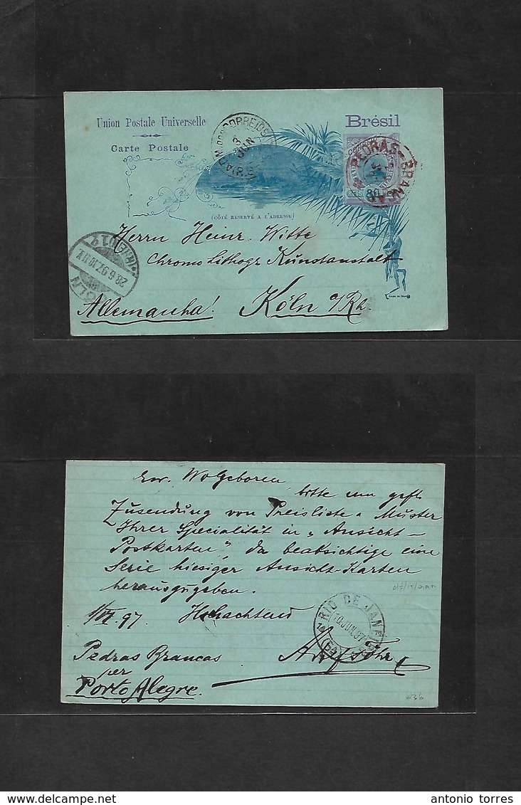 Brazil -Stationary. 1897 (1 June) Pedras Brancas, Porto Alegre - Germany, Koln (28 June) 80 Rs Multicolored Stat Card, R - Andere & Zonder Classificatie