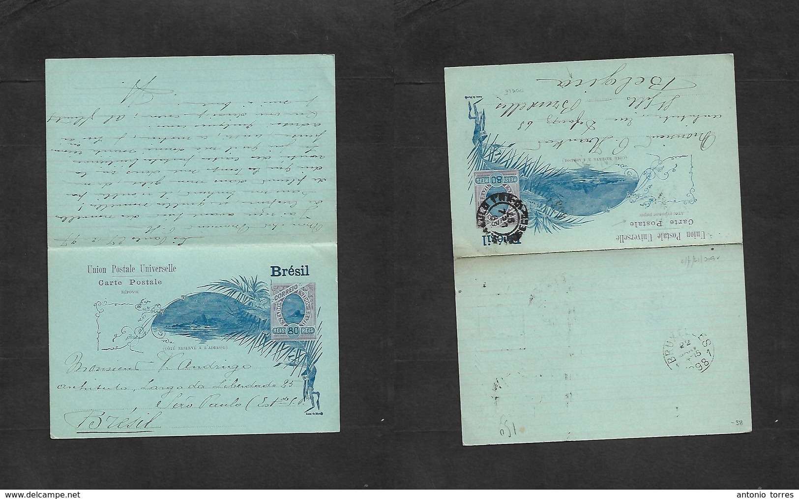 Brazil -Stationary. 1897 (27 Dec) SP - Belgium, Bruxelles (22-1-98) 80rs Star Issue Doble Stat Card, Used Way Out. VF. - Other & Unclassified