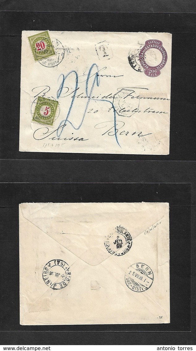 Brazil -Stationary. 1898 (July) RJ - Switzerland, Bern (25 July) 200 Rs Embossed Lilac Stat Env, Taxed + (x2) Swiss P. D - Other & Unclassified