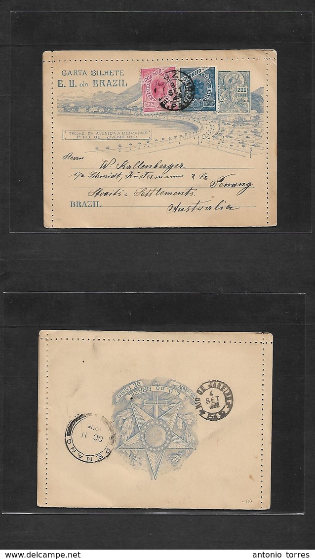 Brazil -Stationary. 1906 (8 Sept) Luz, SP - Malaysia, Penang, Straits Settlements (11 Oct) 200 Rs Illustrated Stationary - Other & Unclassified