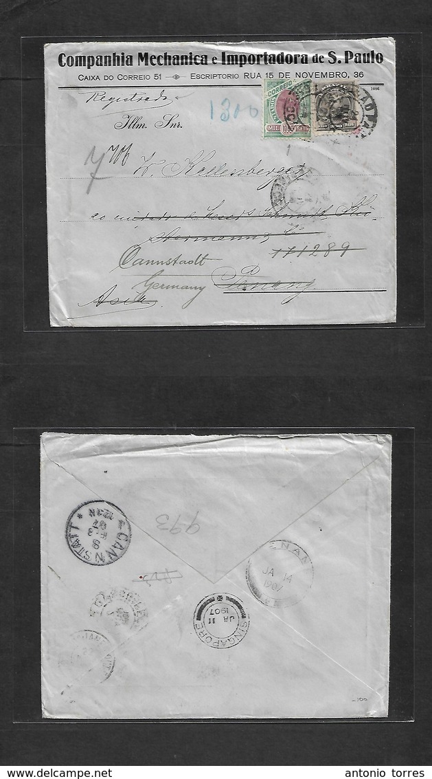 Brazil - Xx. 1906 (21 Nov) Sao Paulo - Penang, Malaysia, Straits Settlements (14 Jan 07) Via Singapore Registered Multif - Other & Unclassified