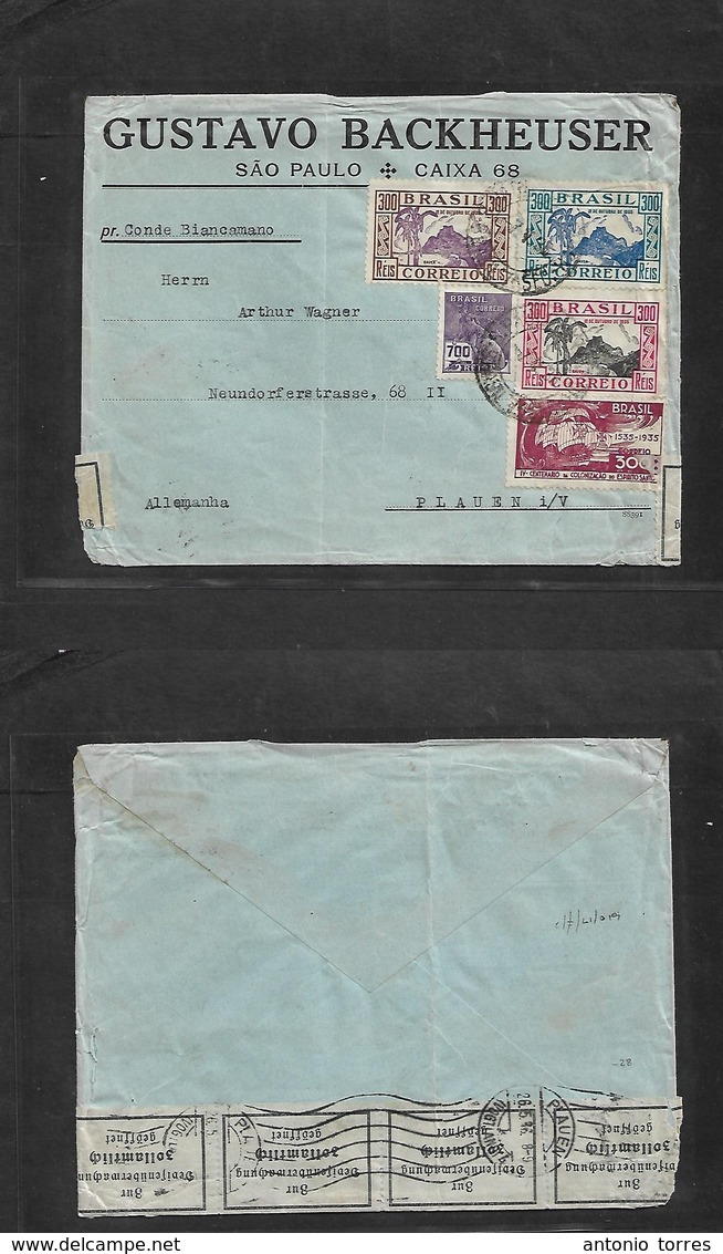 Brazil - Xx. 1936 (7 May) S. P - Germany, Planen. Commemorative Multifkd Env At 1900 Rs Rate, Reverse Financial Censor G - Otros & Sin Clasificación