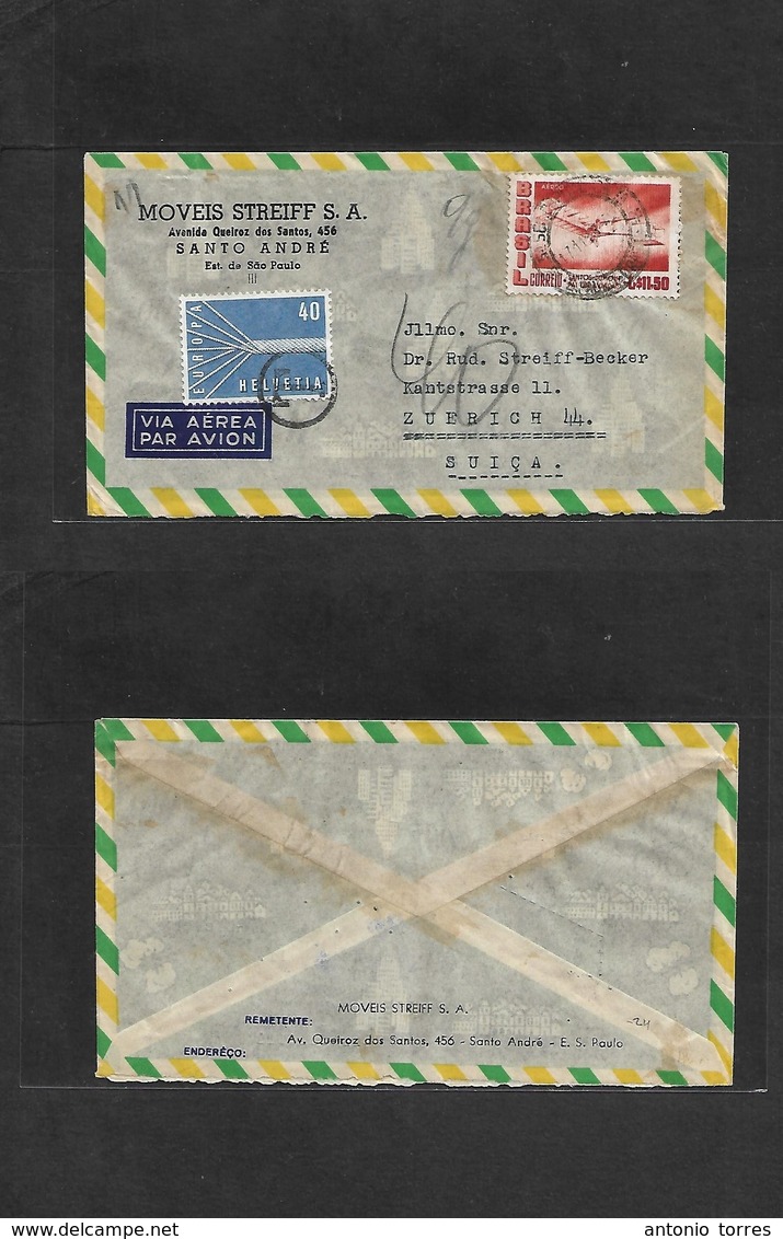Brazil - Xx. 1958 (17 Nov) Santo Andre, SP - Switzerland, Zurich. Air Fkd Envelope + Taxed + Arrival Swiss Stamp 40c Tie - Other & Unclassified