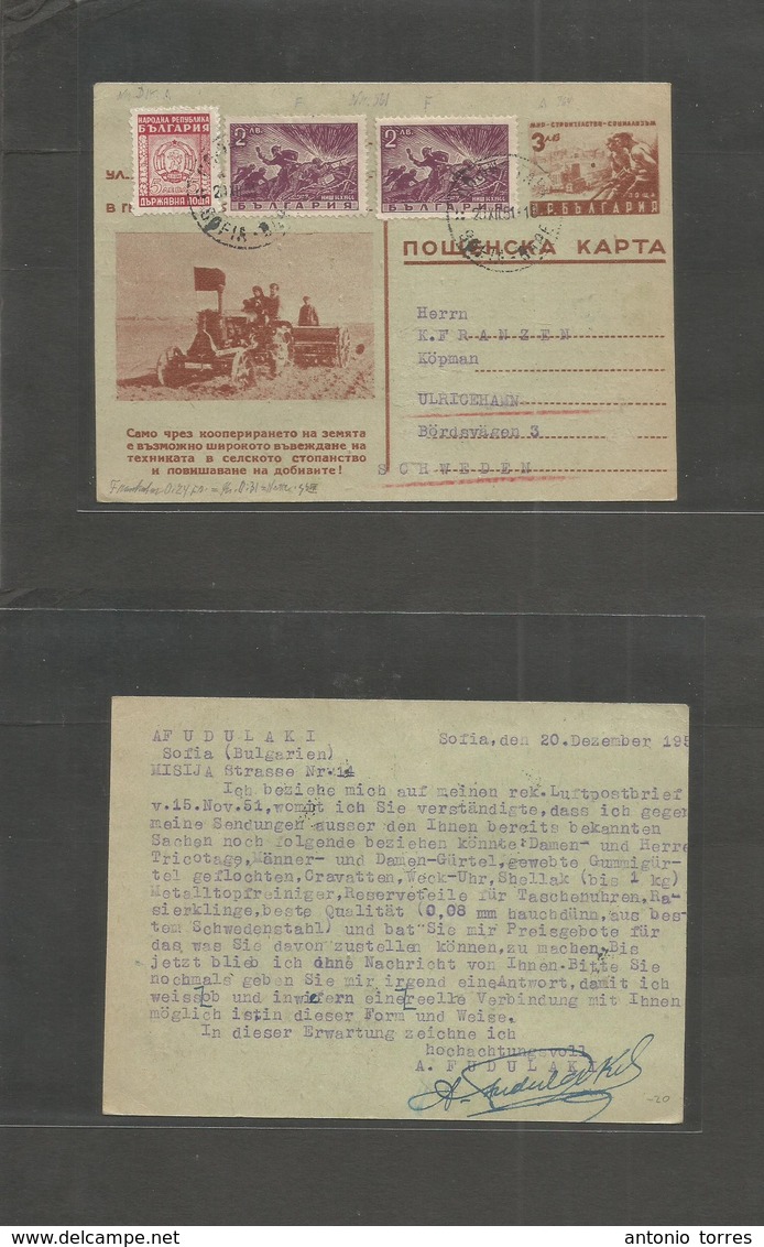 Bulgaria. 1951 (20 Dec) Sofia - Sweden, Ulricehamn 3ab Illustrated Red Stat Card + 3 Adtls, Cds. Fine. - Autres & Non Classés