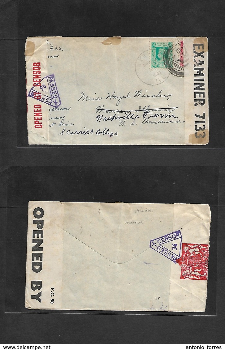 Burma. 1941 (10 Nov) Myanmar - USA. Nashville, Toun (14 Nov) Multifkd Env, Doble Censored, British + South African Label - Birma (...-1947)