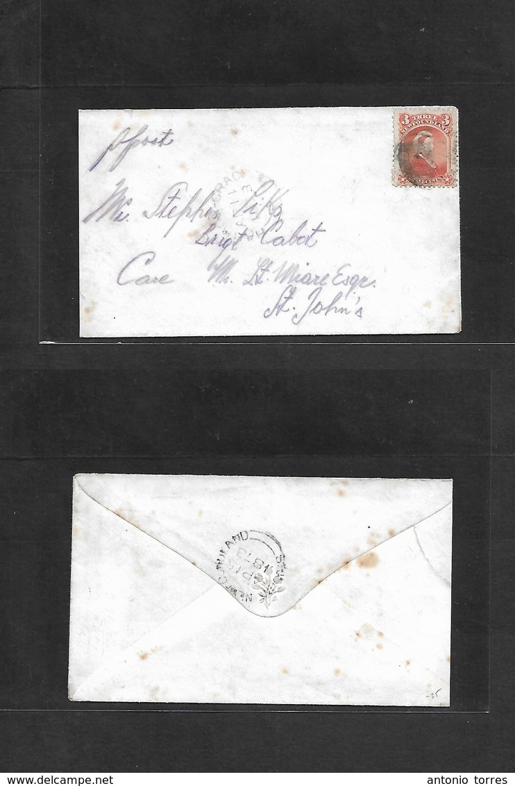 Canada. 1873 (14 Apr) Newfoundland, Harbor Grace - St. Johns (15 Apr) 3c Fkd Env, Cork Cancel. - Other & Unclassified