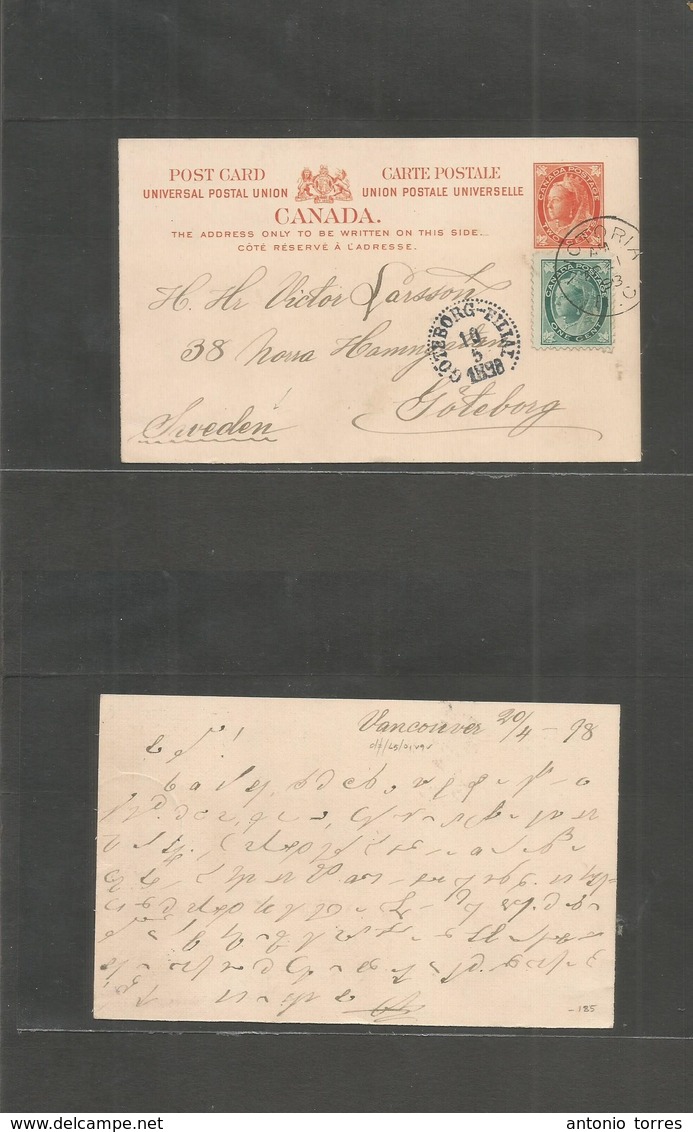 Canada. 1898 (21 Apr) Victoria, Vanc, UC - Sweden, Gotteborg (10 May) 2c Red Vermilion Stat QV Card + 1c Adtl, Cds. VF U - Other & Unclassified