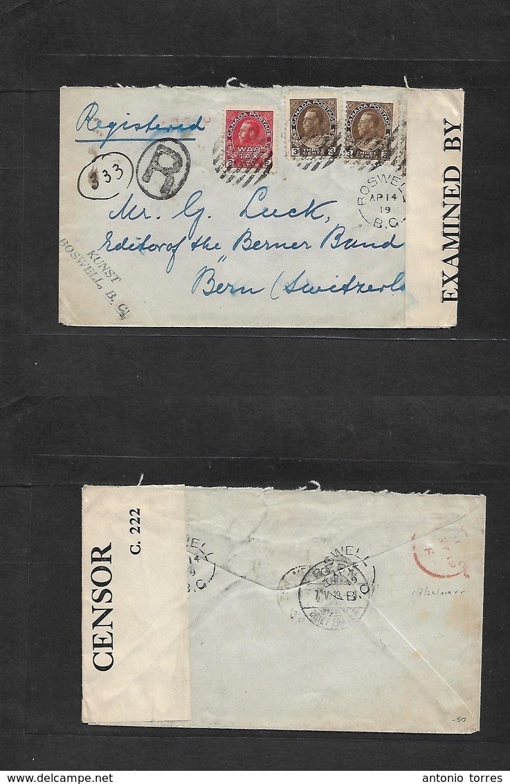 Canada. 1919 (14 April) Boswell, BC - Switzerland, Bern (7 May) Regisitered Multifkd Envelope. Censored + War Stamp. Int - Autres & Non Classés