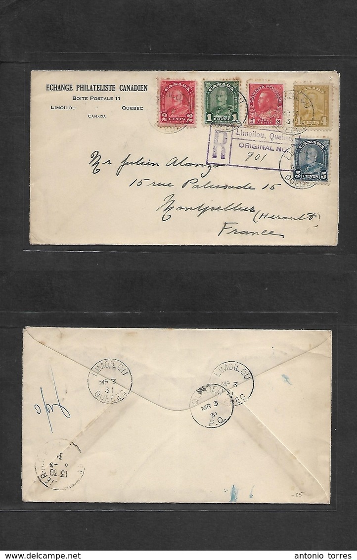 Canada. 1931 (3 March) Limoilou, Quebec - France, Montpellier (14 March) Registered Multifkd Envelope. Fine Used. - Autres & Non Classés