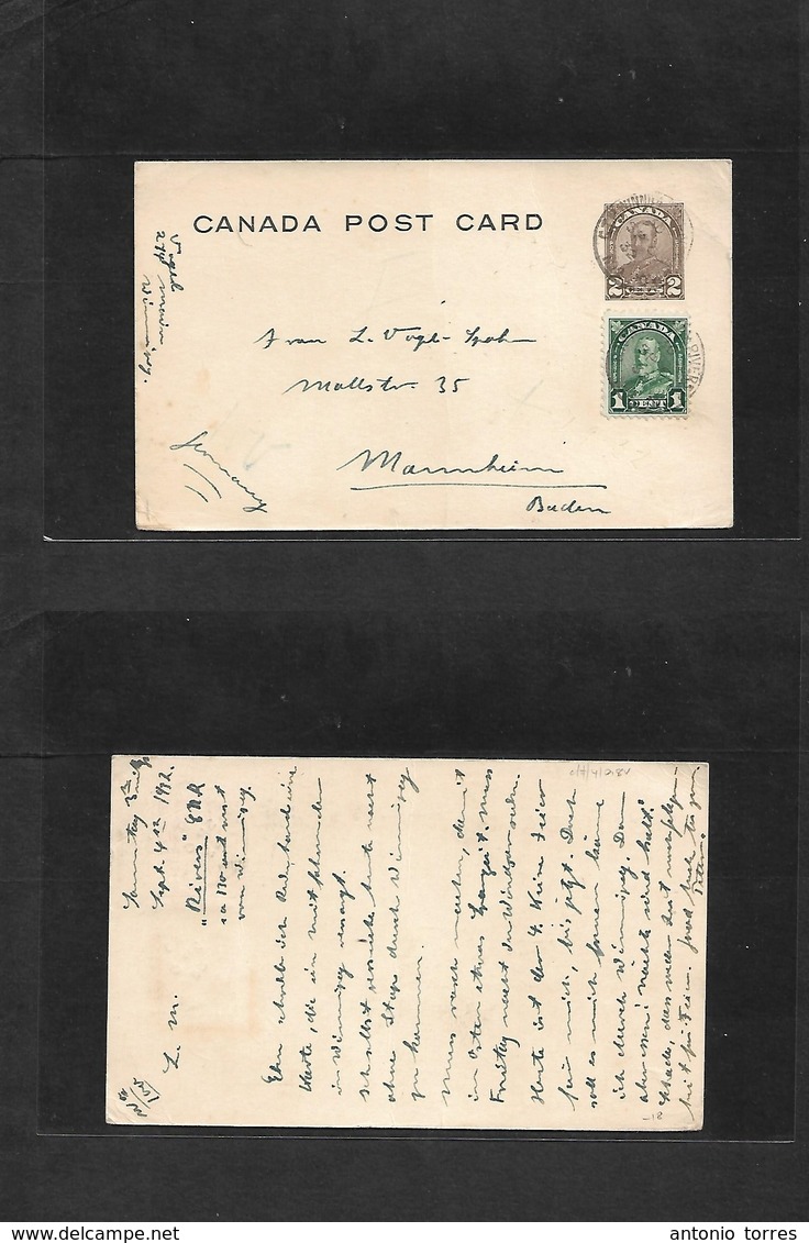 Canada. 1932 (Sept 4) Winnipeg Rivers - Germany, Baden. 2c Brown Stat Card + 1c Adtl. Scarce Usage. Fine. - Autres & Non Classés