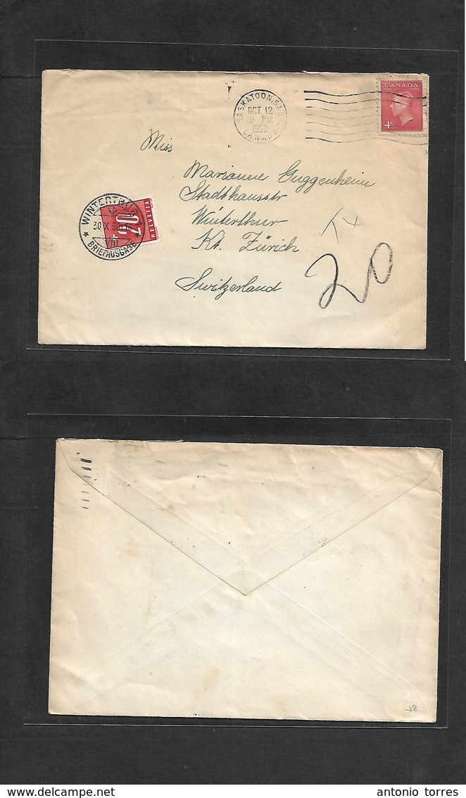 Canada. 1950 (Oct 12) Saskatoon - Switzerland, Zurich (30 Oct) Fkd Env + Taxed + Swiss Postage Due 20c Red, Tied Arrival - Andere & Zonder Classificatie