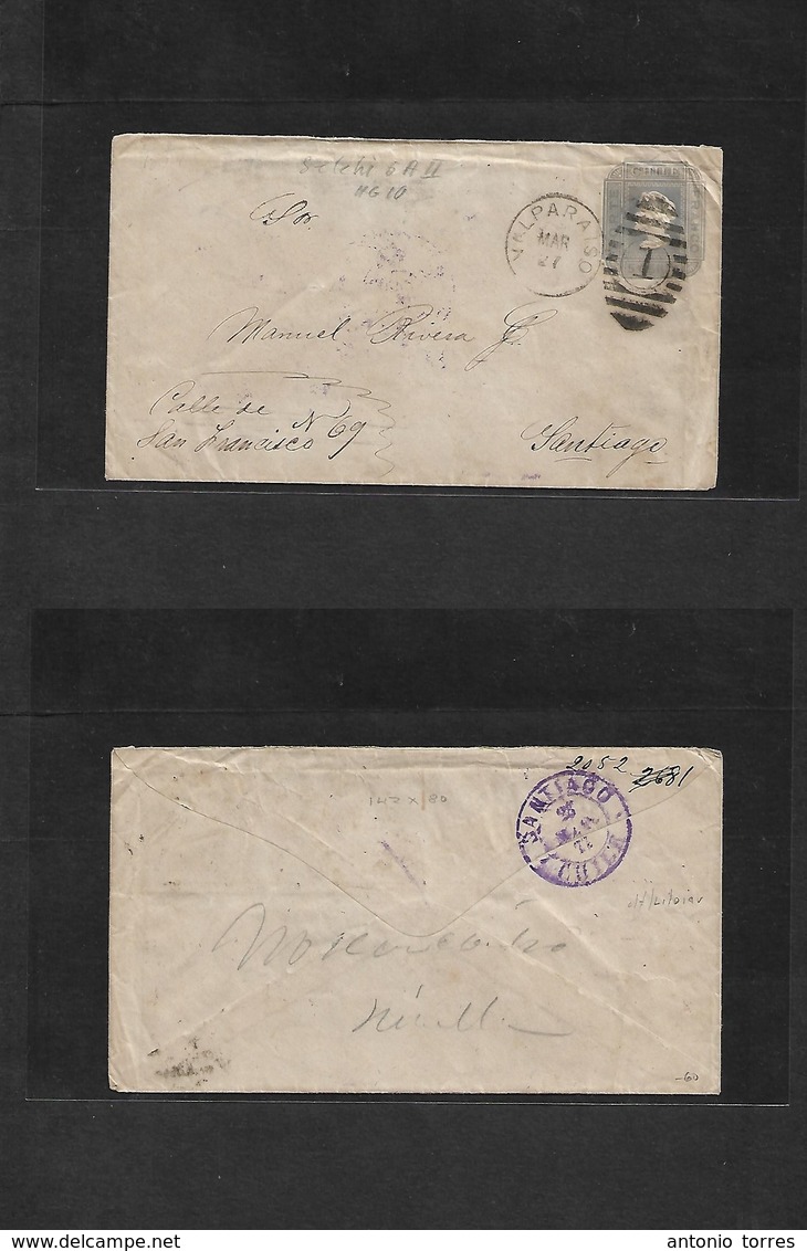 Chile - Stationery. 1877 (27 March) Valp - Santiago. 5c Grey Stat Env Beige Paper No Lines, Grill Cds. Selchi 6AII, HG10 - Chile