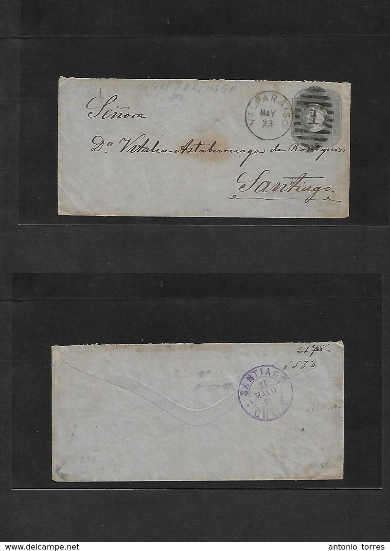 Chile - Stationery. 1877 (23 May) Valp - Santiago (24 May) 5c Grey / Bluish Paper With No Lines Early Stat Env, 59x138mm - Chili