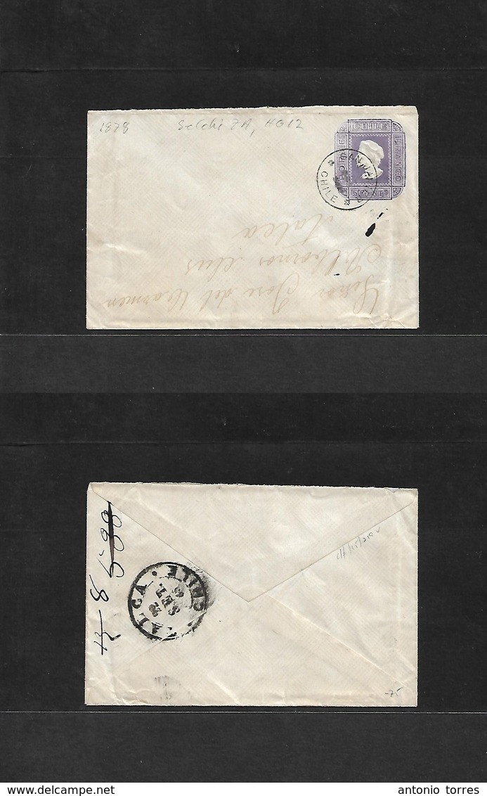 Chile - Stationery. 1885 (Sept) San Juan - Talca. Via Osorno (22 Sept) 1878 5c Lilac Stat Env Wmk Crossed Lines Paper At - Chile