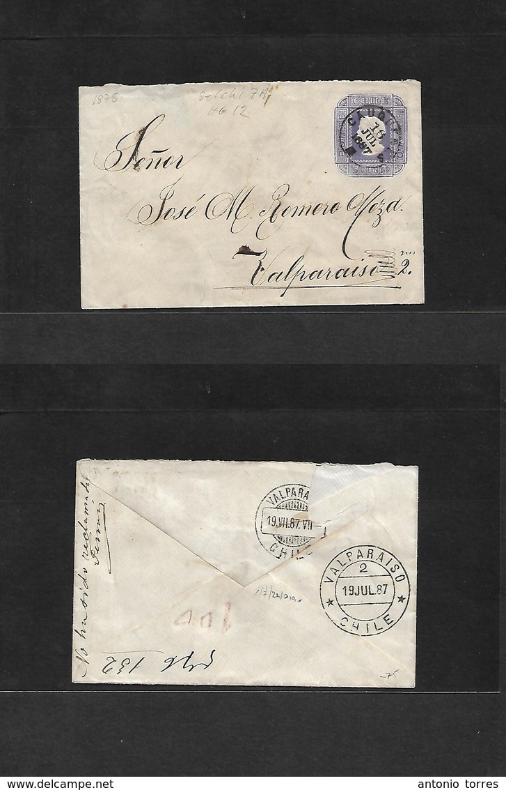 Chile - Stationery. 1887 (16 July) Cauquenes - Valparaiso (19 July) 5c Lilac Stat Env. Wmk Lines Paper At 45/225º; 72x11 - Chile