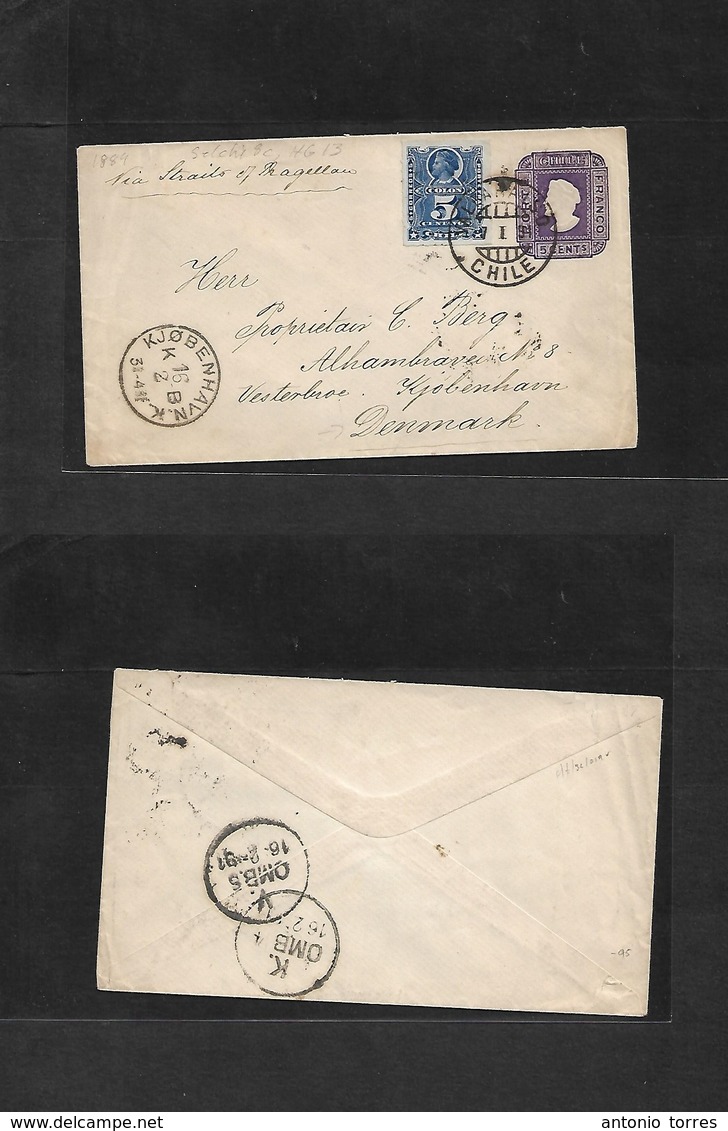 Chile - Stationery. 1891 (27 Jan) Valp - Denmark, Copenhagen (16 Febr) 5c Intense Lilac Stat Env + 5 Blue Adtl Lines At  - Chili