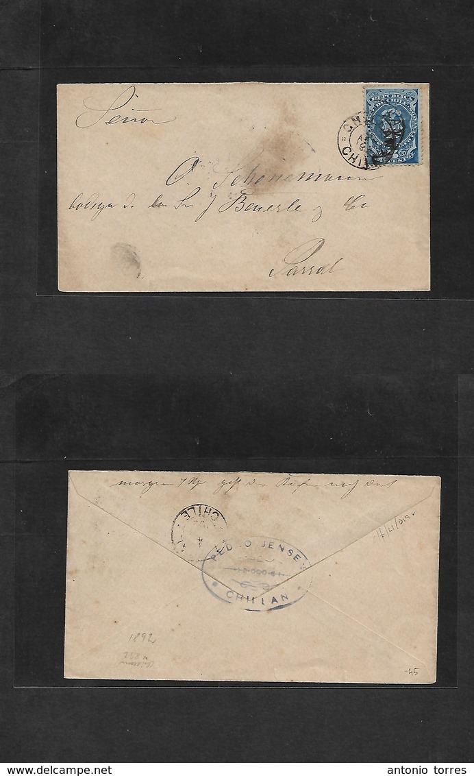 Chile. 1892 (Abril) Chillan - Parral. Provisional Fiscal Stamp Used As Postage. Local Fkd Env. 5c Blue. Fine, Arrival Ca - Chili