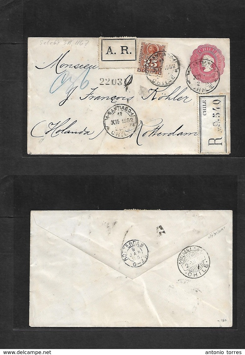 Chile - Stationery. 1892 (19 Dec) Santiago - Netherlands, Rotherdam (4 Jan 93) Registered AR 15c Rose + 25c Perce Adtll, - Chile