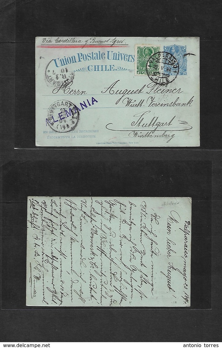 Chile - Stationery. 1894 (23 Mayo) Valp - Stuttgart, Germany (10 July) 2c Blue Stat Card + 1c Green Adtl, Cds. Via Cordi - Chile
