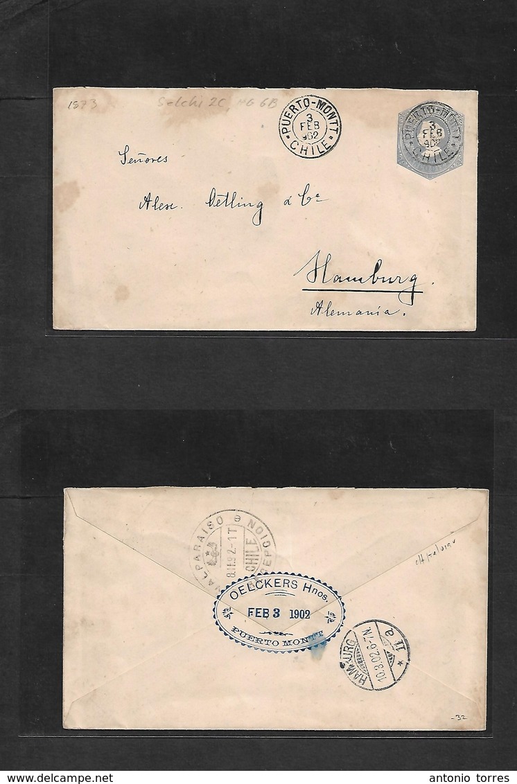 Chile - Stationery. 1902 (3 Febr) Puerto Montt - Germany, Hamburg (10 March) 10c Grey Blue Stat Env. Selchi 2c, HGGB. Fi - Chili