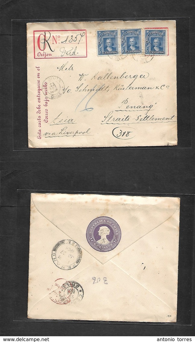 Chile - Stationery. 1906 (23 Apr) Valdivia - Malaysia, Penang, Straits Settlements (27 June) Via London. Registered 1,5  - Chile