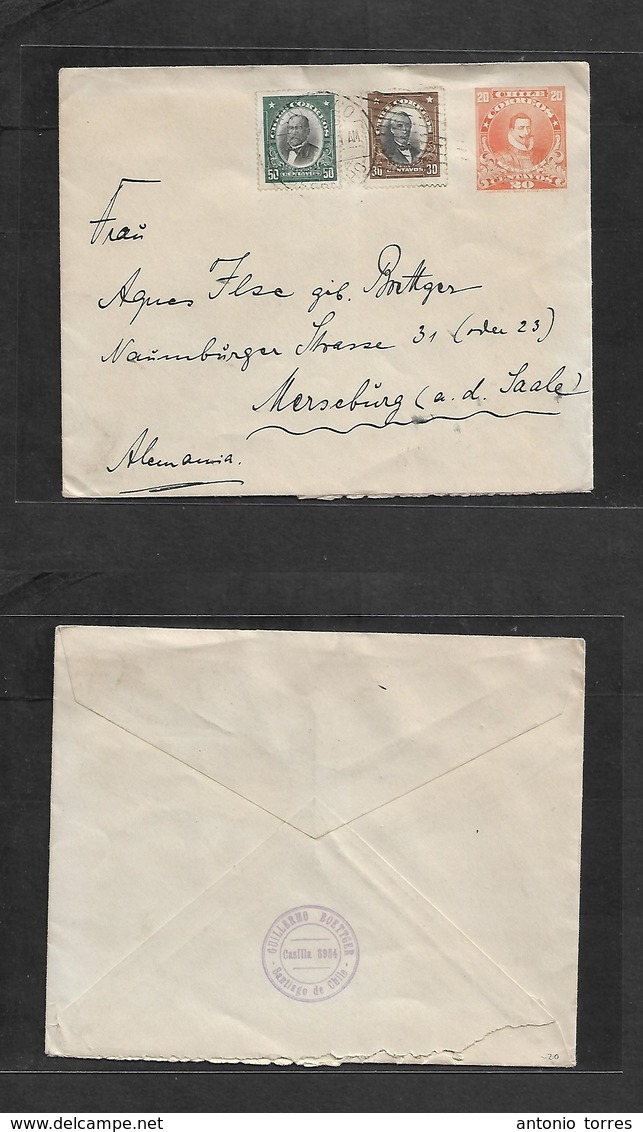 Chile - Stationery. C. 1908. Santiago - Germany, Merseburg 20c Orange Stat Env + 2 Adtls. Fine. - Chile