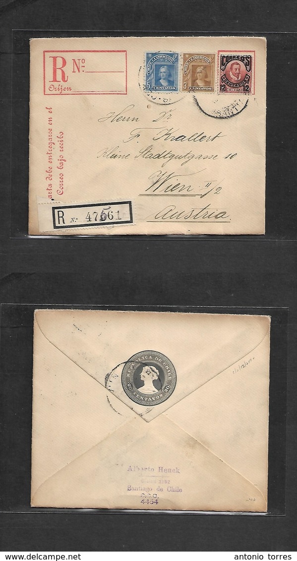 Chile - Stationery. C. 1910. Santiago - Austria, Wien. Registered 20c Lilac Stat Env + 3 Adtls Incl Valdivia 12c Red Ovp - Chile