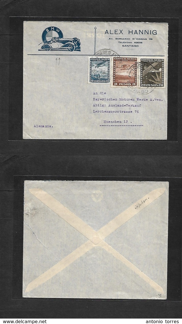 Chile - Xx. 1935 (15 Abr) Santiago - Germany, Munich. BMW Advertising Illustrated Envelope. Air Multifkd Env. 23,20 Peso - Chile