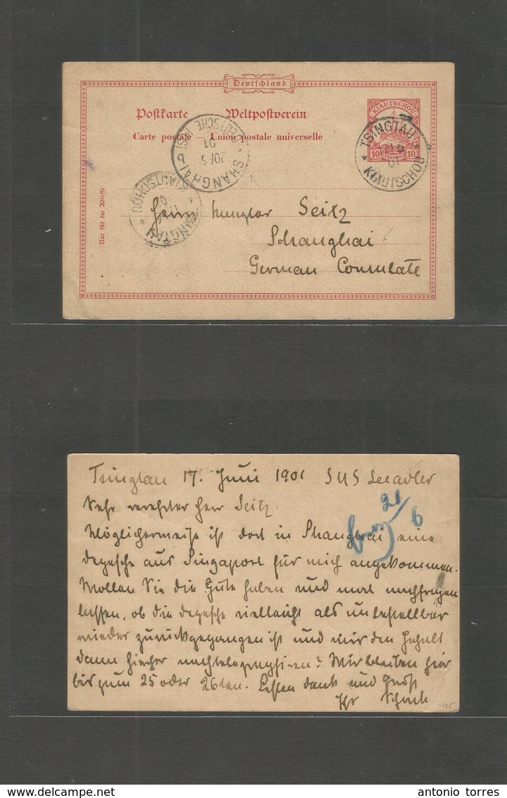 China. 1901 (17 May) German Kiatschou. Tsingtau - Shanghai (20 May) 10 Pf Red Consular Mail Stat Card. VF Used. - Other & Unclassified