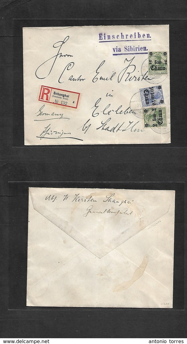 China. 1909 (21 March) German Post Office. Shanghai - Germany, Elx Leben. Registered Multifkd Env At 14c Ovptd Issue Ger - Other & Unclassified