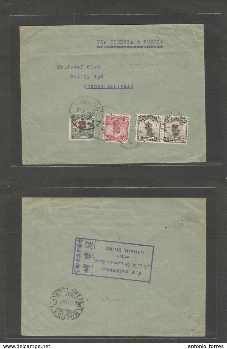 China - Xx. 1924 (22 May) Harbin - Czechoslovakia, Semily Via Siberia And Rusia. Reverse "Moscow 1 June 24" Multifkd Jun - Autres & Non Classés