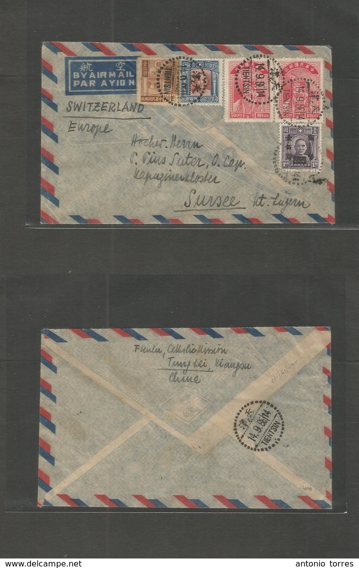 China - Xx. 1938 (14 Sept) Tientsin - Switzerland, St. Luzern. Air Multifkd Mixed Issues Envelope Incl. Ovptd, Bilingual - Autres & Non Classés