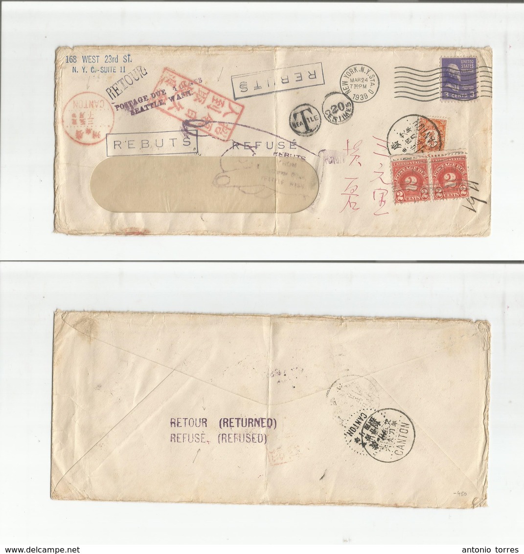 China - Xx. 1939 (24 March) USA (Prexy) NYC - Canton. Fkd Legal Envelope At  Cts Rates + Doble Postage Dues / Taxes Chin - Other & Unclassified