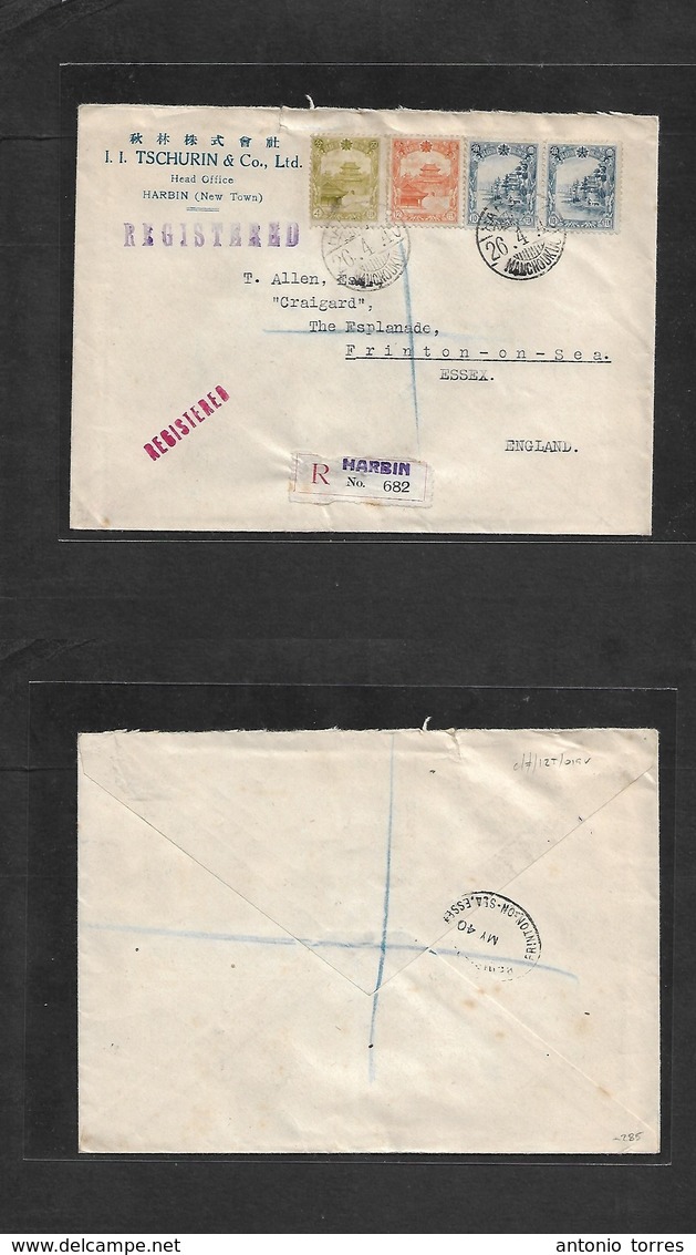 China - Xx. 1940 (26 April) Manchuria. Japanese Occup Period, Harbin - UK, England Essex, Frinton On Sea. Registered Com - Other & Unclassified