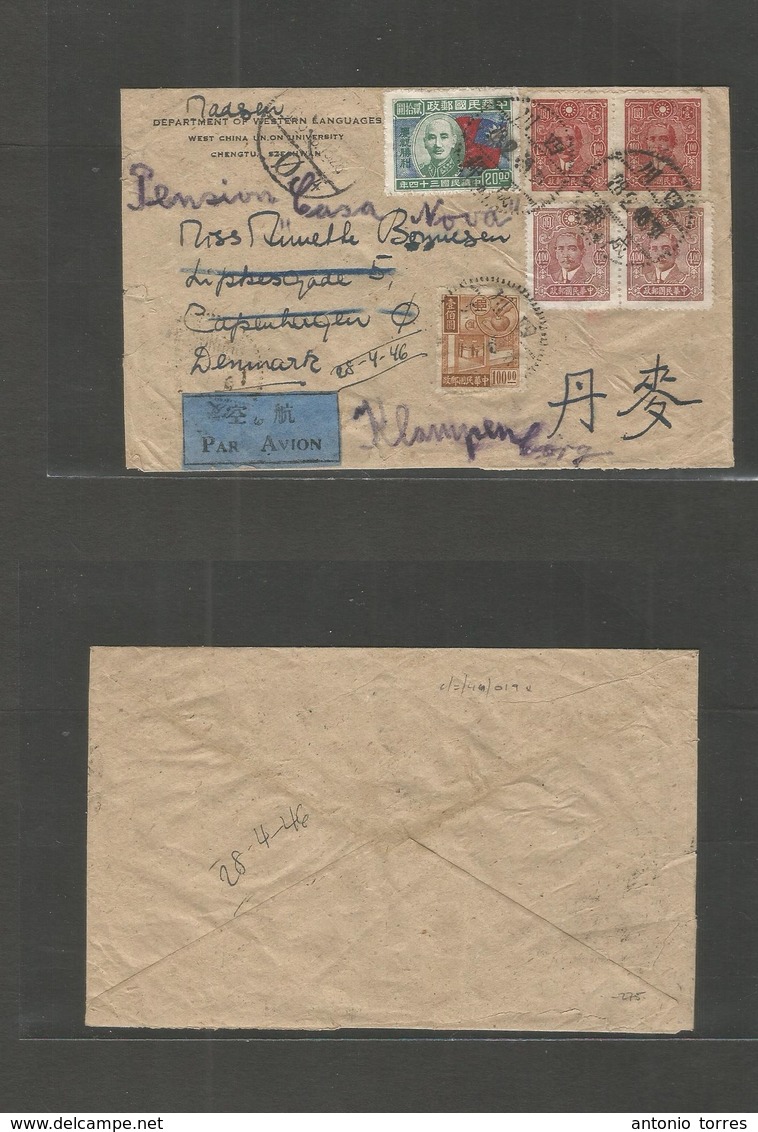 China - Xx. 1946 (28 Feb) Chengtu, Szechuan - Denmark, Copenhagen (16 March) Air Multifkd. Three Diff Issues Envelope. R - Sonstige & Ohne Zuordnung