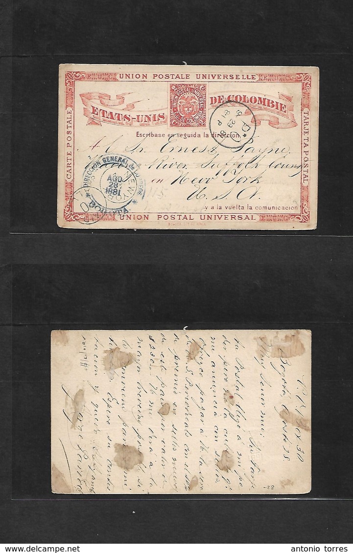 Colombia - Stationery. 1881 (28 Ago) Bogota - USA, NYC (29 Sept) Early 2c Red Stat Card. Fine Used. - Colombie