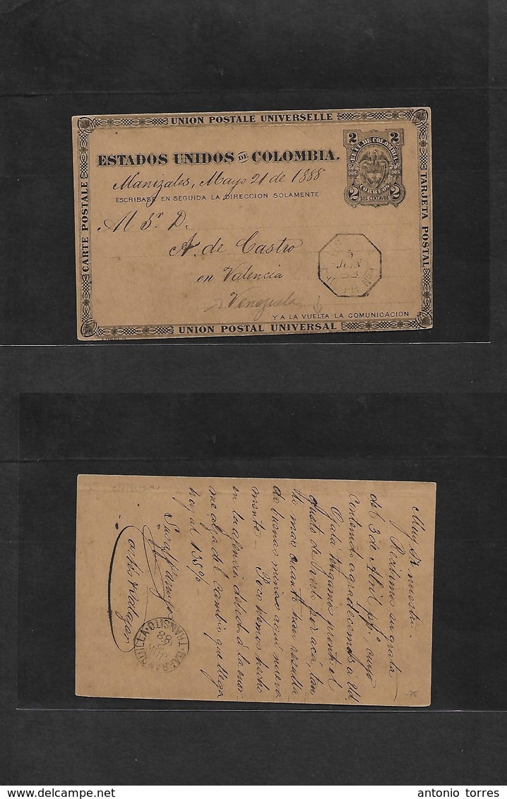 Colombia - Stationery. 1888 (21 Mayo) Manizales - Venezuela, Valencia Via Barranquilla - French Nazaire Intercaribbean P - Colombia