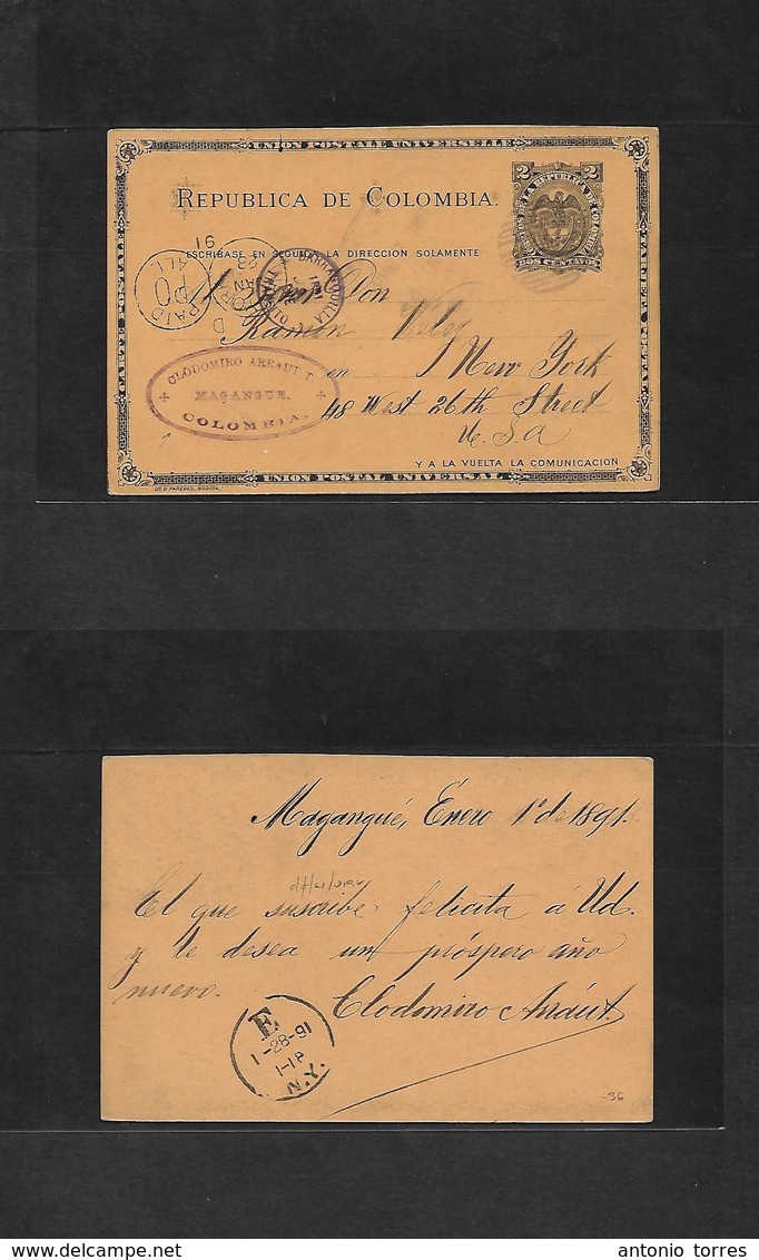 Colombia. 1891 (Ene 1) Mayangue - USA, NYC (Jan 28) Via Barranquilla. 2c Black / Orange Stat Card. Scarce Village Origin - Colombie