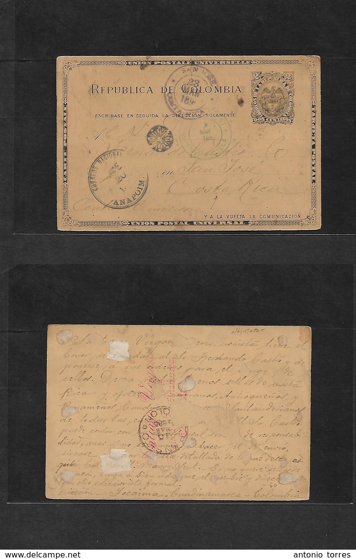 Colombia - Stationery. 1895 (Ene 20) Anapoim, Tocaima - Costa Rica, San Jose (23 March) Via Barranquilla (9 March) 2c Bl - Colombie