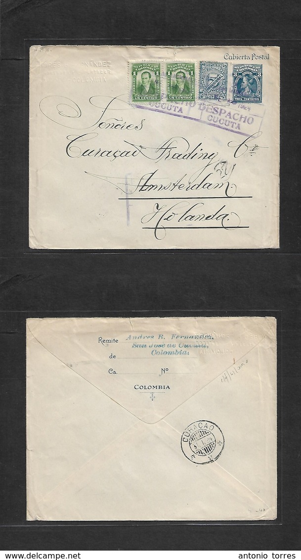 Colombia - Stationery. 1924 (Jan 26) Cucuta - Netherlands, Amsterdan Via Curaçao (31 Jan) 3c Blue Stat Env + 3 Adtls Inc - Colombia