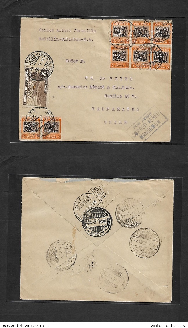 Colombia. 1935 (27 Feb) Medellin - Chile, Valp. Air Multifkd Env Special "III Olimpiada 1935" Issue 5c Brown. Air Multif - Colombie