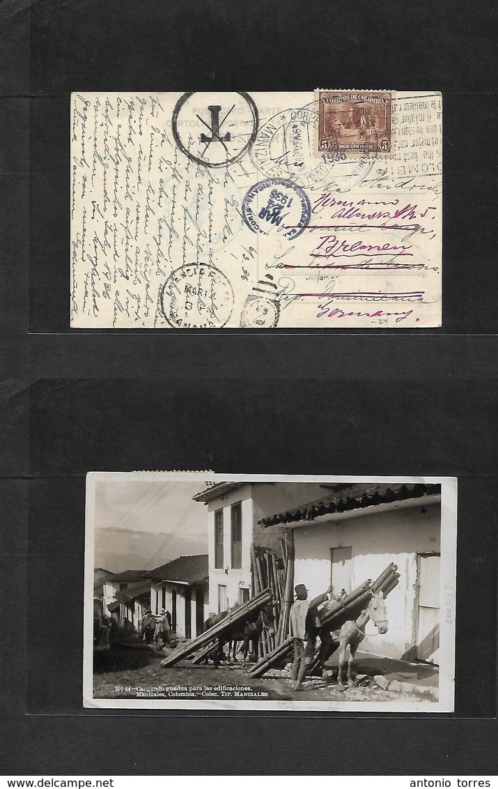 Colombia. 1936 (6 March) Manizales - San Pedro Macoris, Dominican Republic, Fwded Via Panama + "taxed" + Erased. Interes - Colombia