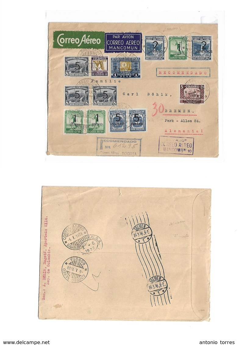 Colombia. 1938 (5 Jan) Bogota - Germany, Bremen (20 Jan) Registered Air Multifkd Envelope, Incl Ovptd Issues 9 Stamps, O - Colombia