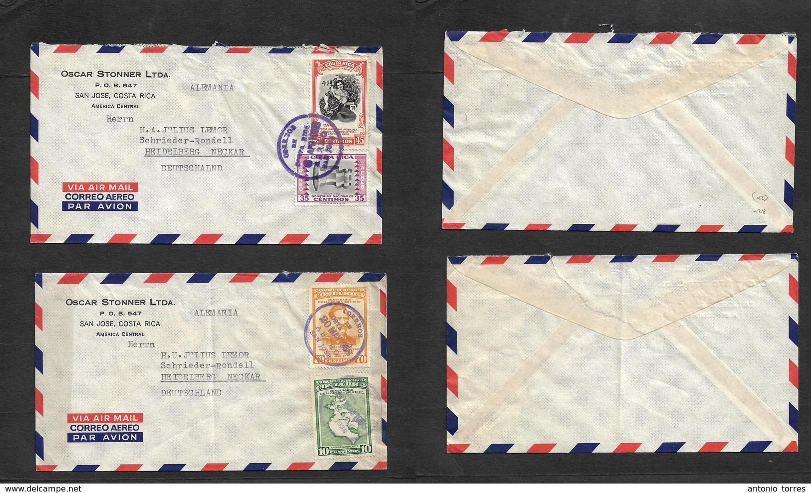 Costa Rica. 1958 (Abril - Mayo) San Jose - Germany, Heidelberg. Air Multifkd Pair Of Envelope, Lilac Cachets Cds. VF Ite - Costa Rica